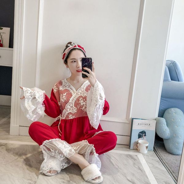 2019 spring summer women cute pajamas sets with pants cotton sleepwear lace v-neck nightwear pijama nightsuit, Blue;gray
2019 spring summer women cute pajamas sets with pants cotton sleepwear lace v-neck nightwear pijama nightsuit, Blue;gray