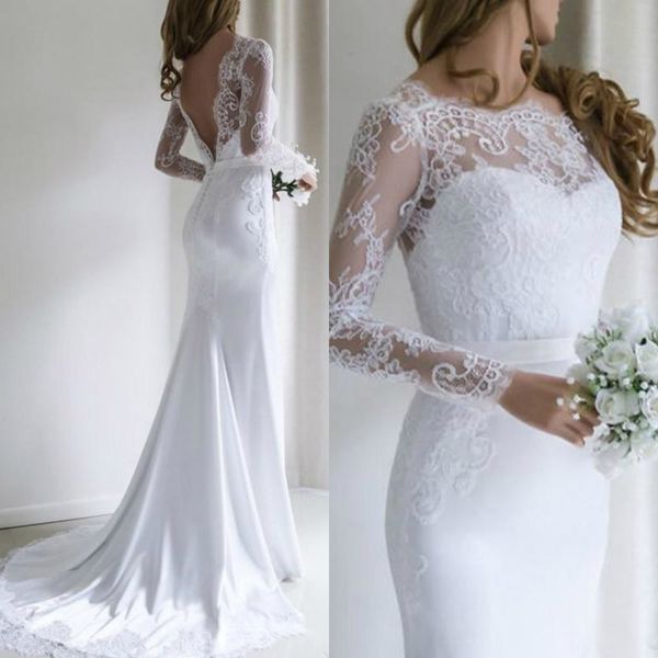 2019 elegant satin long sleeve mermaid wedding dresses backless jewel neck appliques lace bridal gowns vestidos de novia, White
2019 elegant satin long sleeve mermaid wedding dresses backless jewel neck appliques lace bridal gowns vestidos de novia, White