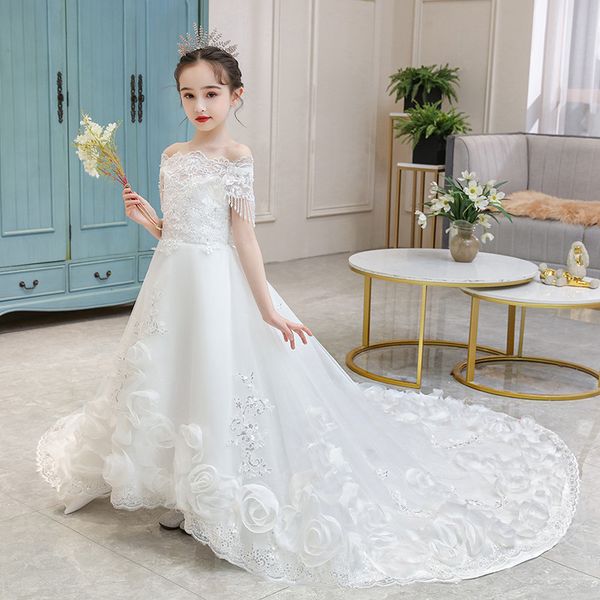 children girls high-grade luxury shoulderless collar evening party model show catwalk long tail dress kids lace flowers dress, Red;yellow
children girls high-grade luxury shoulderless collar evening party model show catwalk long tail dress kids lace flowers dress, Red;yellow