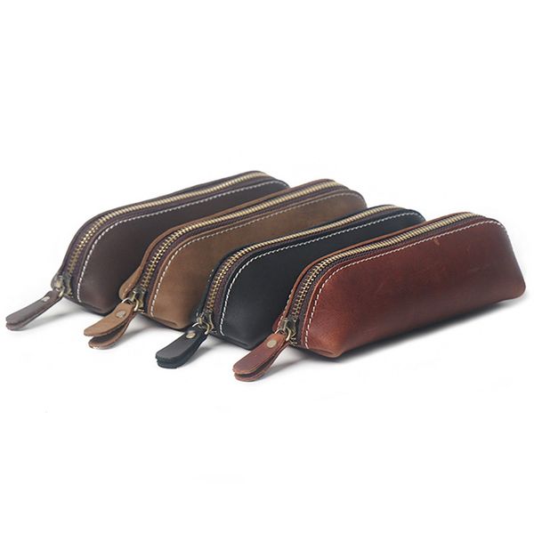 Handmade Genuine Leather Pencil Case Vintage Cowhide Zipper Pencilcase Pen Bag Office Stationery School Supplies