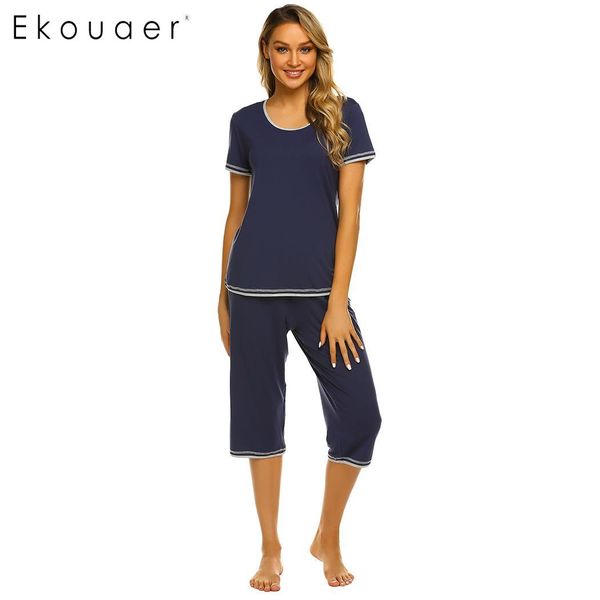 ekouaer women sleepwear set o-neck short sleeve calf length pants loose two piece pajamas sets female homewear, Blue;gray
ekouaer women sleepwear set o-neck short sleeve calf length pants loose two piece pajamas sets female homewear, Blue;gray