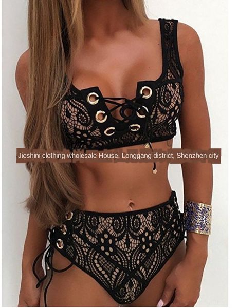 explosive bandage chicken eye buckle black explosive bikini swimsuit bandage chicken eye buckle lace bikini black lace swimsuit, White;black