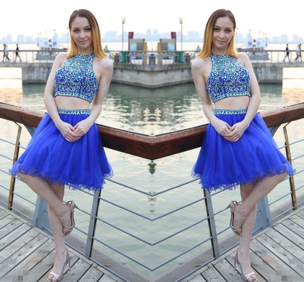 short homecoming dresses jewel crystal beaded two pieces sleeveless royal blue tulle a-line party prom dresses dh156, Black
short homecoming dresses jewel crystal beaded two pieces sleeveless royal blue tulle a-line party prom dresses dh156, Black