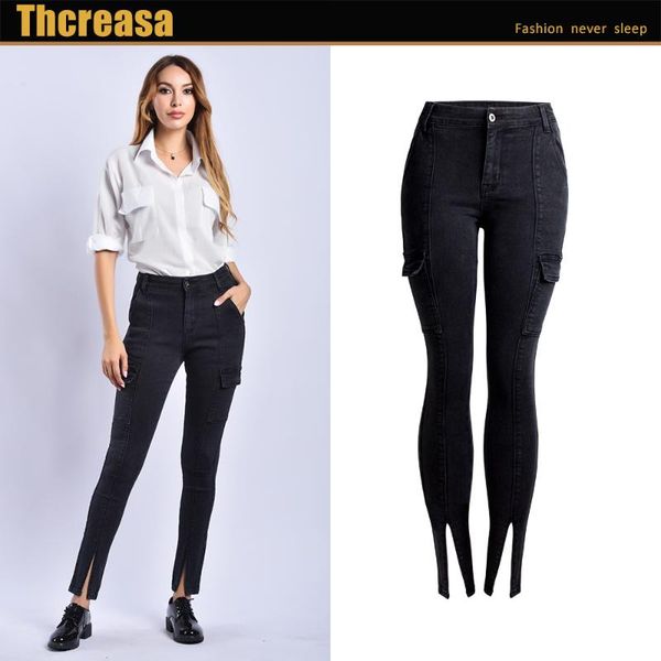 european and american women's jeans women's front leg split high waist black nine-leg split small leg jeans, Blue
european and american women's jeans women's front leg split high waist black nine-leg split small leg jeans, Blue