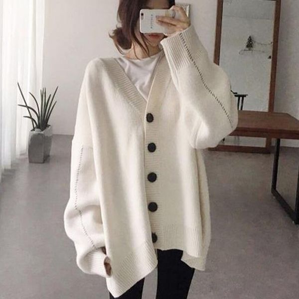 women lazy solid color loose cardigan sweaters big size temperament loose coat female v neck long knitting unlined upper sweater, White
women lazy solid color loose cardigan sweaters big size temperament loose coat female v neck long knitting unlined upper sweater, White