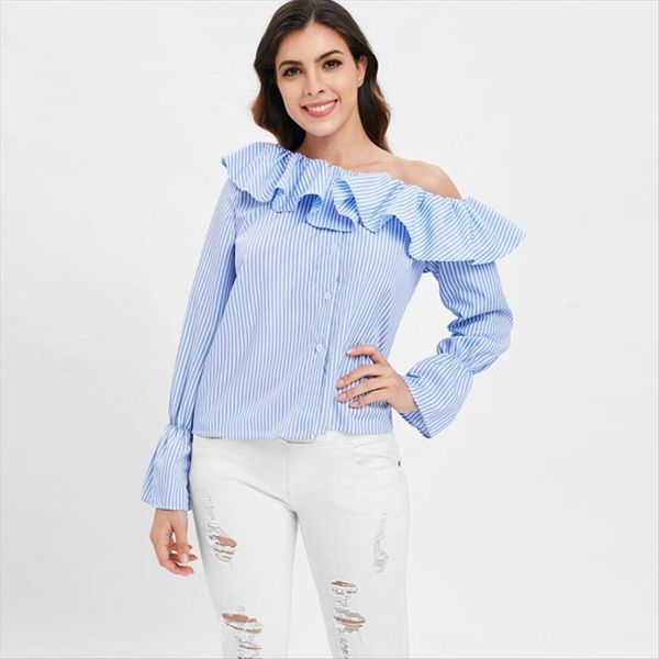 shoulder-exposed one-line collar simple temperament flounced striped long-sleeved shirt shoulder-exposed one-line collar simple temperament, White
shoulder-exposed one-line collar simple temperament flounced striped long-sleeved shirt shoulder-exposed one-line collar simple temperament, White