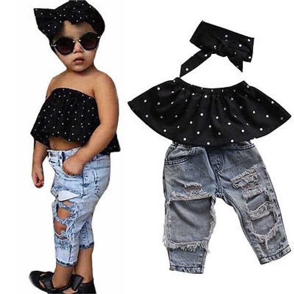 summer children clothing 3pcs fashion children girls clothes 2019 summer off shoulder polka dot tank +hole jean denim pants, White
summer children clothing 3pcs fashion children girls clothes 2019 summer off shoulder polka dot tank +hole jean denim pants, White