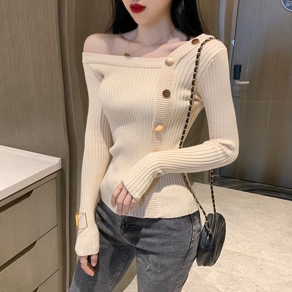 2020 spring autumn new oblique collar off shoulder knitted shirt pure color single-breasted tight-fit knitwear slim sweater, White;black
2020 spring autumn new oblique collar off shoulder knitted shirt pure color single-breasted tight-fit knitwear slim sweater, White;black