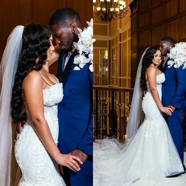 gorgeous african mermaid wedding dresses spaghetti straps lace plue size bridal gowns ruffles sweep train vestido de novia, White
gorgeous african mermaid wedding dresses spaghetti straps lace plue size bridal gowns ruffles sweep train vestido de novia, White