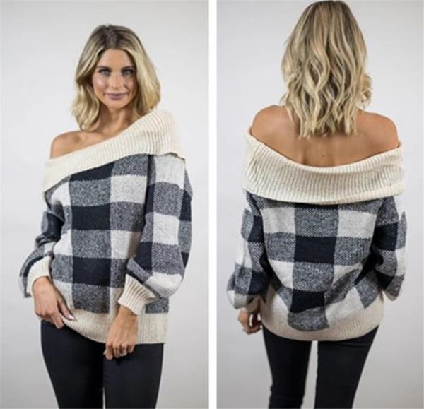 autumn women sweaters fashion slash neck plaid pattern long sleeve loose sweaters casual women swesater, White;black
autumn women sweaters fashion slash neck plaid pattern long sleeve loose sweaters casual women swesater, White;black