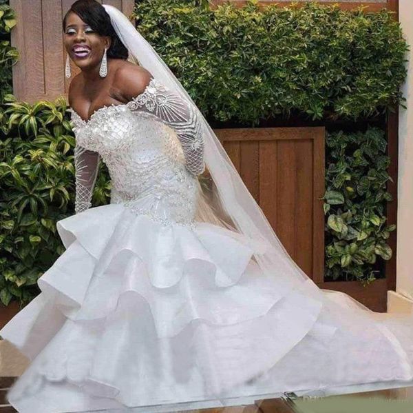 plus size mermaid wedding dresses beaded off the shoulder tiered long sleeves bridal gowns chapel train trumpet vestido de novia, White
plus size mermaid wedding dresses beaded off the shoulder tiered long sleeves bridal gowns chapel train trumpet vestido de novia, White