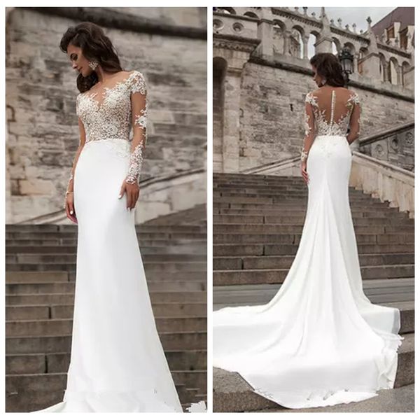 2019 sheer long sleeves lace appliques slim mermaid wedding dresses bridal gowns spring chiffon vestidos de marriage cheap, White
2019 sheer long sleeves lace appliques slim mermaid wedding dresses bridal gowns spring chiffon vestidos de marriage cheap, White