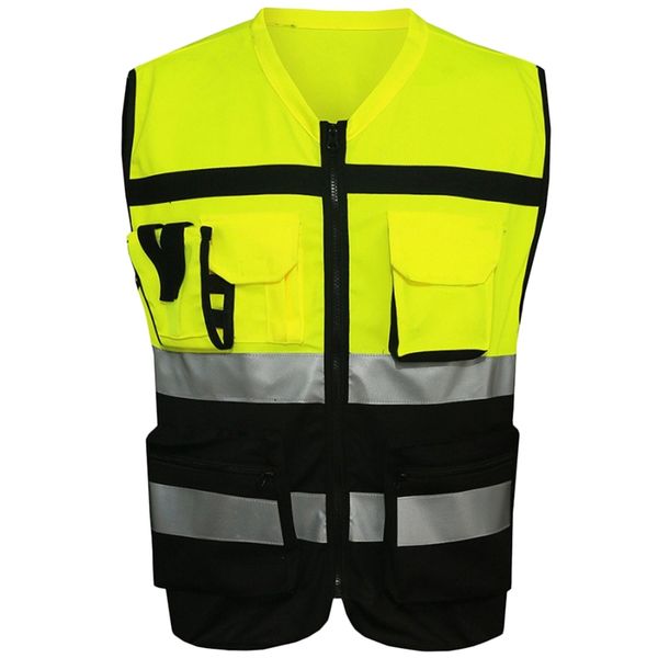 7 pockets class 2 high visibility zipper front safet yellow vest with reflective strips, Black
7 pockets class 2 high visibility zipper front safet yellow vest with reflective strips, Black