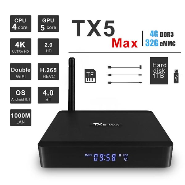 2019 TX5 MAX 4GB 32GB Android 8.1 TV Box Amlogic S905X2 Quad Core 4K DDR4 IPTV TV Box 2.4G 5G WiFi BT
2019 TX5 MAX 4GB 32GB Android 8.1 TV Box Amlogic S905X2 Quad Core 4K DDR4 IPTV TV Box 2.4G 5G WiFi BT