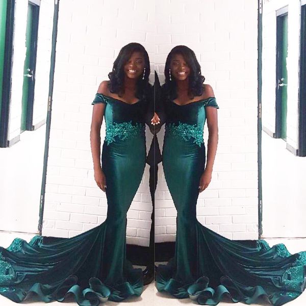 elegant black girls dark green mermaid prom dresses lace appliques off shoulder satin evening party gowns
elegant black girls dark green mermaid prom dresses lace appliques off shoulder satin evening party gowns