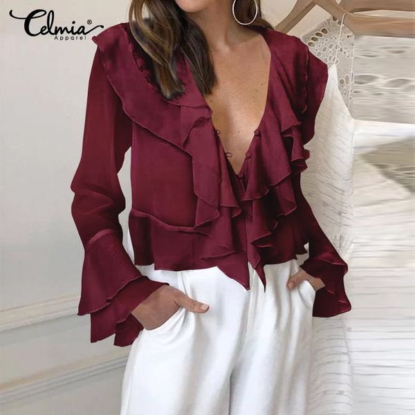 2019 celmia summer long sleeve casual deep v-neck elegant shirt fashion women see through ruffles blouses party blusas, White
2019 celmia summer long sleeve casual deep v-neck elegant shirt fashion women see through ruffles blouses party blusas, White