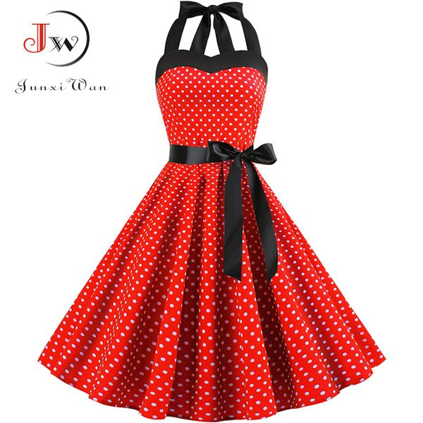 

retro white polka dot dress 2019 audrey hepburn vintage halter party dress 50s 60s pin up rockabilly plus size robe, Black;gray