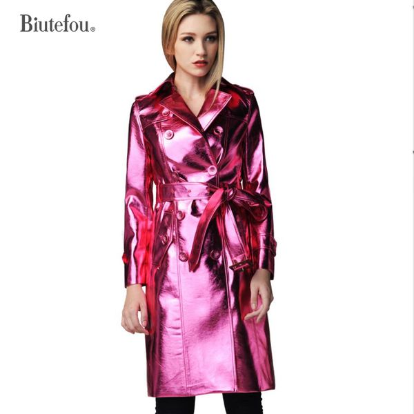 2019 spring and autumn faux leather metal color long coats women fashion spliced adjustable waist coats, Black
2019 spring and autumn faux leather metal color long coats women fashion spliced adjustable waist coats, Black