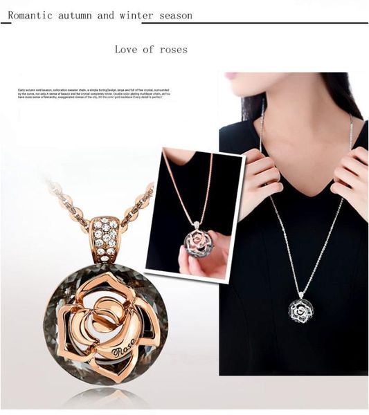 new rose flower stainless steel alloy crystal zircon pendant sweater chain necklace female long section korean, Silver
new rose flower stainless steel alloy crystal zircon pendant sweater chain necklace female long section korean, Silver