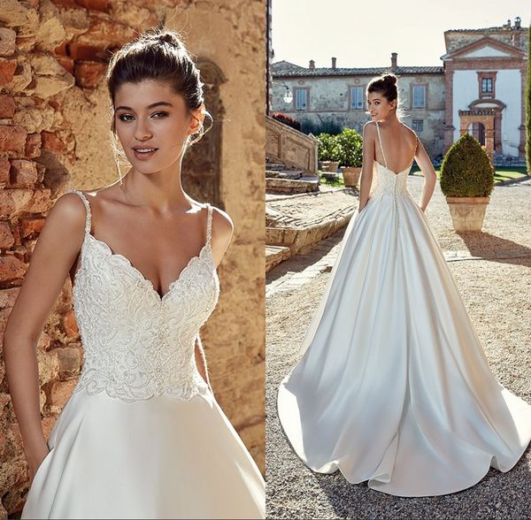 2019 spaghetti simple long wedding dresses lace appliques backless satin bridal gown sweep train vestido de novia, White
2019 spaghetti simple long wedding dresses lace appliques backless satin bridal gown sweep train vestido de novia, White