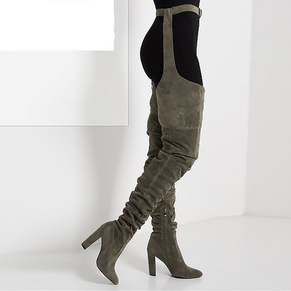 women pleated flock over the knee thigh high long boots lady fashion waist belt thick high heels pointed toe high boots, Black
women pleated flock over the knee thigh high long boots lady fashion waist belt thick high heels pointed toe high boots, Black