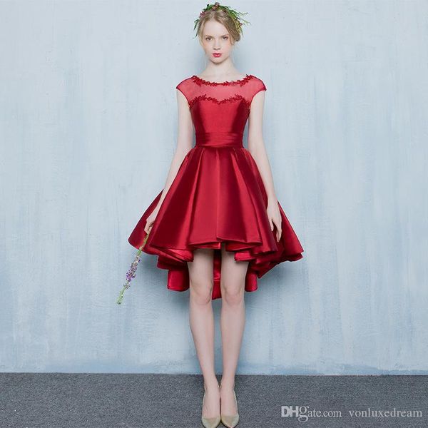 big round neck lace satin high low cocktail dresses lace up 2020 elegant prom dresses navy blue pink red party dress, Black