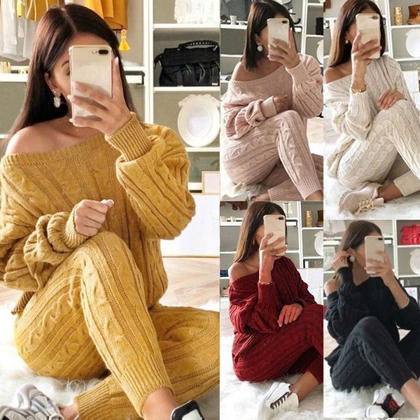women 2 piece set christmas sweater autumn winter knitted set outfit ladies o neck pullover solid color +pants outfits, White 
women 2 piece set christmas sweater autumn winter knitted set outfit ladies o neck pullover solid color +pants outfits, White