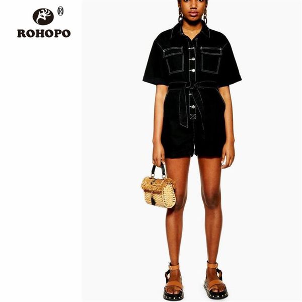 rohopo women pockets black denim jumpsuit bow belted buttons cotton jeans romper #1627, Black;white
rohopo women pockets black denim jumpsuit bow belted buttons cotton jeans romper #1627, Black;white