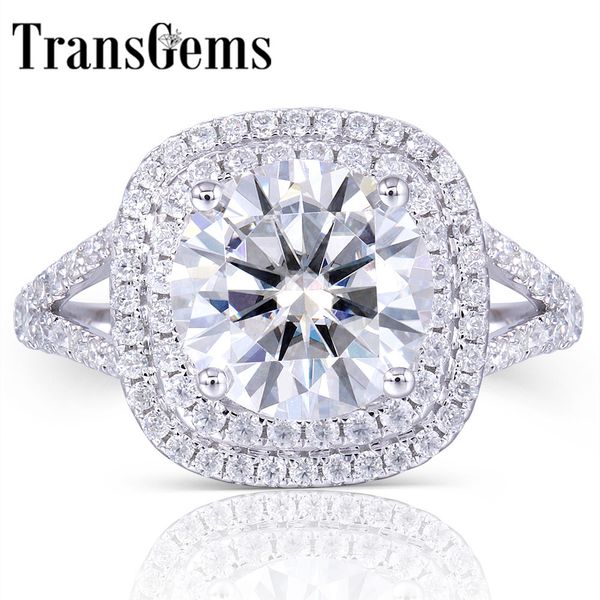 transgems solid 14k 585 white gold center 3ct moissanite diamond double halo ring with accents fine jewelry for women y19061203, Slivery;golden