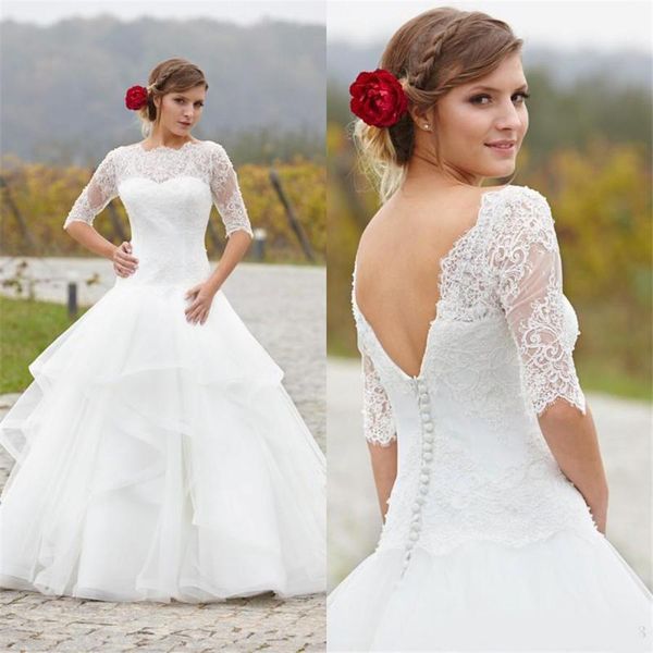 new style drop waist a line wedding dresses with buttons back lace half sleeves bridal gowns tulle dress, White
new style drop waist a line wedding dresses with buttons back lace half sleeves bridal gowns tulle dress, White