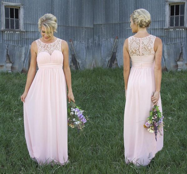country style pale pink new sheer crew lace neck chiffon pale pink bridesmaid dress illusion back maternity long maid of honor dresses, White;pink
country style pale pink new sheer crew lace neck chiffon pale pink bridesmaid dress illusion back maternity long maid of honor dresses, White;pink