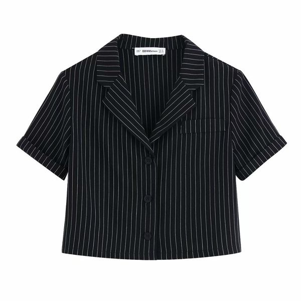 women office wear striped crops short sleeve female casual short style blouses stylish chic shirts blusas, White;black 
women office wear striped crops short sleeve female casual short style blouses stylish chic shirts blusas, White;black