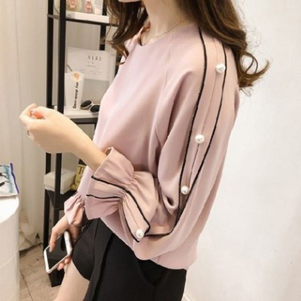 women fashion solid bead long flare sleeve chiffon candy color o-neck casual shirt chic korean simple blusa feminina, White
women fashion solid bead long flare sleeve chiffon candy color o-neck casual shirt chic korean simple blusa feminina, White