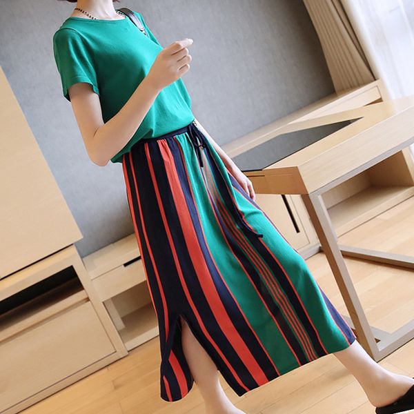 2019 women's summer suit short-sleeved casual knitting + striped maxi skirt two-piece sets elegant fashion loose skirt a146, White
2019 women's summer suit short-sleeved casual knitting + striped maxi skirt two-piece sets elegant fashion loose skirt a146, White