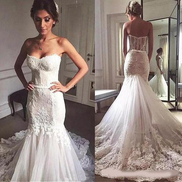 2020 wedding dresses mermaid sweetheart lace applique bridal gowns sweep train backless plus size wedding gowns for beach garden, White
2020 wedding dresses mermaid sweetheart lace applique bridal gowns sweep train backless plus size wedding gowns for beach garden, White