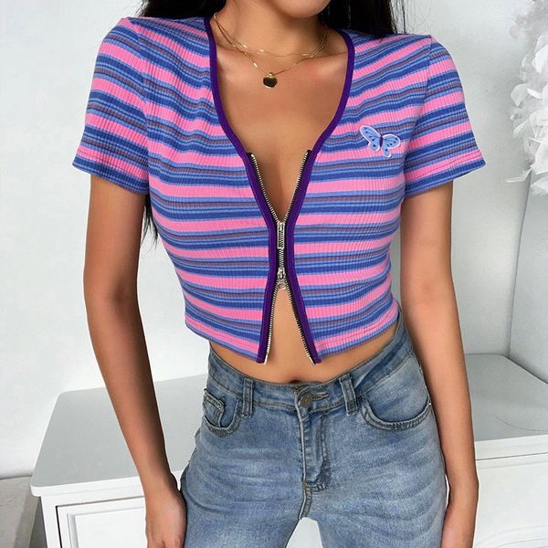 women's t-shirt butterfly short sleeve striped outwear crop 2021 women open stitch front double zipper deep v-neck, White
women's t-shirt butterfly short sleeve striped outwear crop 2021 women open stitch front double zipper deep v-neck, White