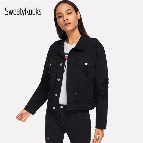 

sweatyrocks black pocket patched ripped holes denim jacket long sleeve jean jackets 2018 autumn casual women coats and outerwear, Black;brown