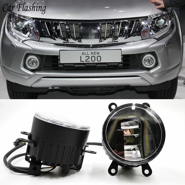 

3-in-1 functions led drl daytime running light car projector fog lamp with yellow signal for mitsubishi triton l200 2013 -2018