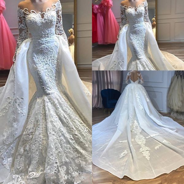 2020 arabic mermaid wedding dresses sheer jewel neck lace appliques beads long sleeves overskirts detachable train plus size bridal gowns, White
2020 arabic mermaid wedding dresses sheer jewel neck lace appliques beads long sleeves overskirts detachable train plus size bridal gowns, White