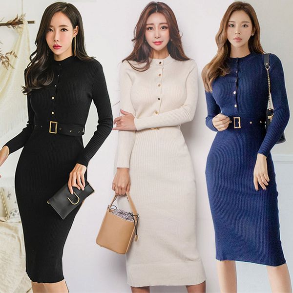 elegant single breasted women sweater dress o-neck full sleeve sashes stretch vestidos female knee-length knitted dress 2019, White;black
elegant single breasted women sweater dress o-neck full sleeve sashes stretch vestidos female knee-length knitted dress 2019, White;black