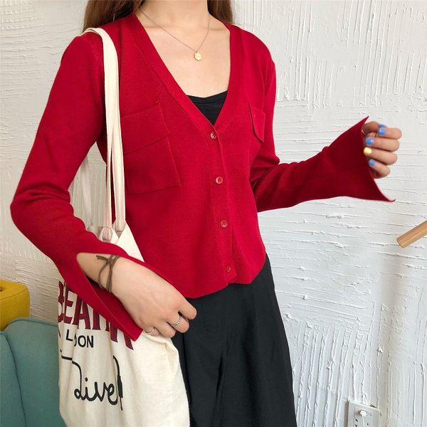 2018 autumn v-neck korean loose loose buckle double pocket solid color cuffs split personality knit cardigan, White;black
2018 autumn v-neck korean loose loose buckle double pocket solid color cuffs split personality knit cardigan, White;black