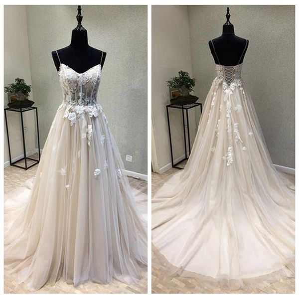 floral tulle a-line spaghetti strap wedding dress embroidery lace appliques beach wedding dresses lace up back wedding gowns plus size, White
floral tulle a-line spaghetti strap wedding dress embroidery lace appliques beach wedding dresses lace up back wedding gowns plus size, White