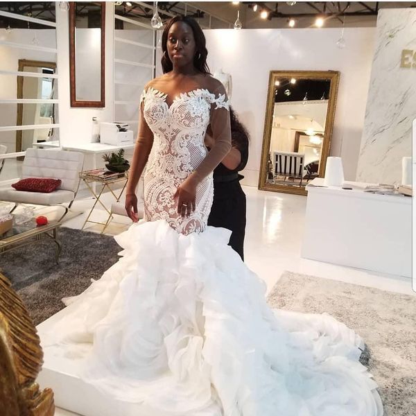 african mermaid wedding dresses long sleeve cathedral train princess wedding gowns tiered skirts bridal dress vestidos de novia robe de mari, White
african mermaid wedding dresses long sleeve cathedral train princess wedding gowns tiered skirts bridal dress vestidos de novia robe de mari, White