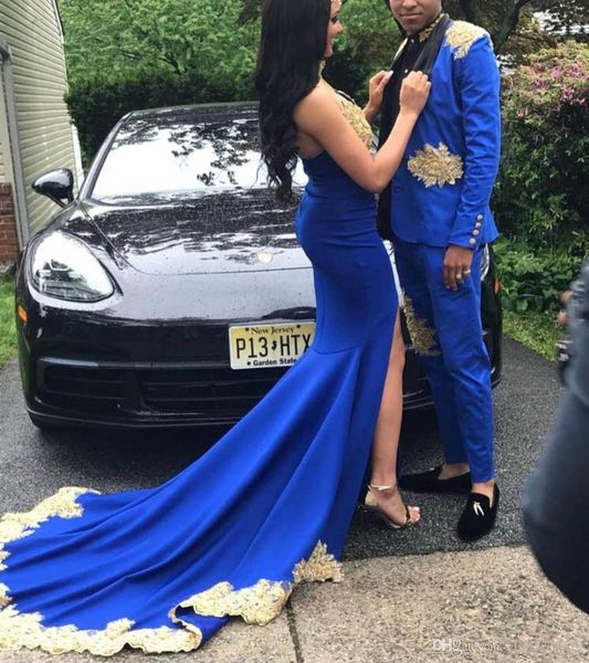 2020 backless blue mermaid prom dresses halter side split sweep train gold appliques long formal evening party gowns special occasion dress, Black
2020 backless blue mermaid prom dresses halter side split sweep train gold appliques long formal evening party gowns special occasion dress, Black