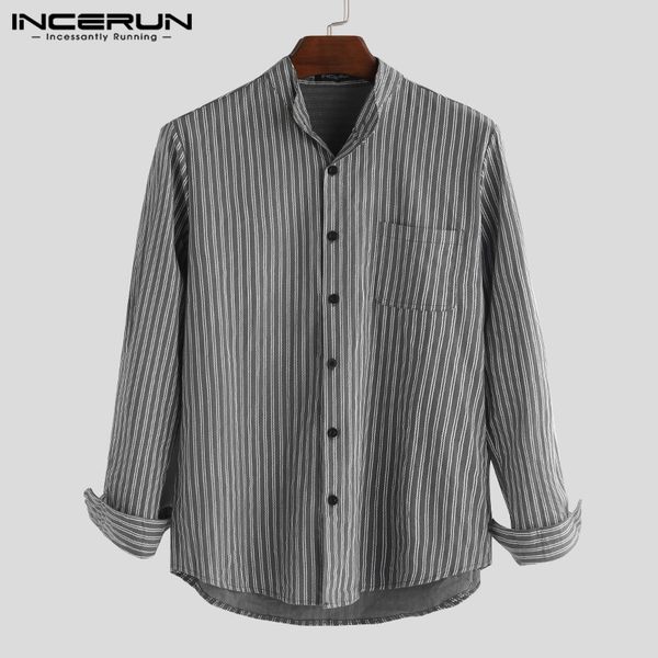 men's casual shirts incerun 2021 men striped shirt long sleeve chemise button street harajuku stand collar chic loose brand s-5xl, White;black
men's casual shirts incerun 2021 men striped shirt long sleeve chemise button street harajuku stand collar chic loose brand s-5xl, White;black