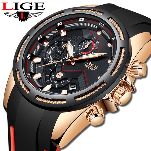 

lige brand luminous black dial silicone strap men's watch luxury quartz sport waterproof chronograph reloj hombre, Slivery;brown