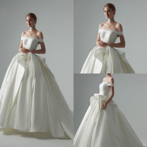 2020 modest yl ball gown off shoulder sleeveless lace up wedding dresses lace applique satin ruffles wedding gowns sweep train bridal gowns, White
2020 modest yl ball gown off shoulder sleeveless lace up wedding dresses lace applique satin ruffles wedding gowns sweep train bridal gowns, White