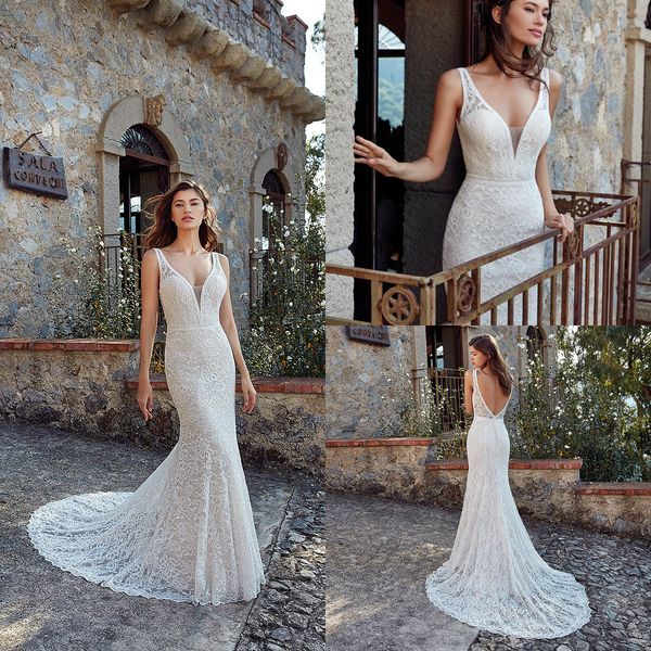 2020 lace wedding dresses appliqued deep v neck backless garden mermaid wedding dress sweep train sleeveless beach robes de mariée, White
2020 lace wedding dresses appliqued deep v neck backless garden mermaid wedding dress sweep train sleeveless beach robes de mariée, White