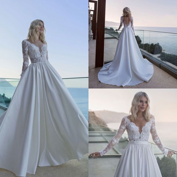 elegant a line beach wedding dresses deep v neck long sleeve appliques satin wedding dress sweep train boho bridal gowns, White
elegant a line beach wedding dresses deep v neck long sleeve appliques satin wedding dress sweep train boho bridal gowns, White