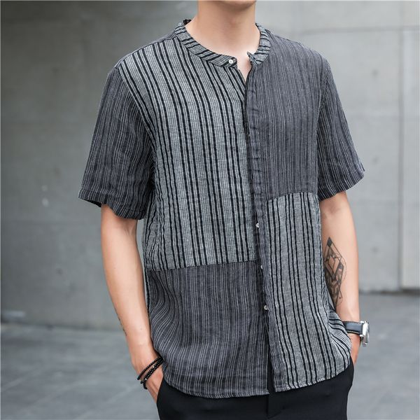 2019 new japan style summer linen short-sleeved shirt men striped patchwork collarless lightweight black white casual blouse man, White;black
2019 new japan style summer linen short-sleeved shirt men striped patchwork collarless lightweight black white casual blouse man, White;black